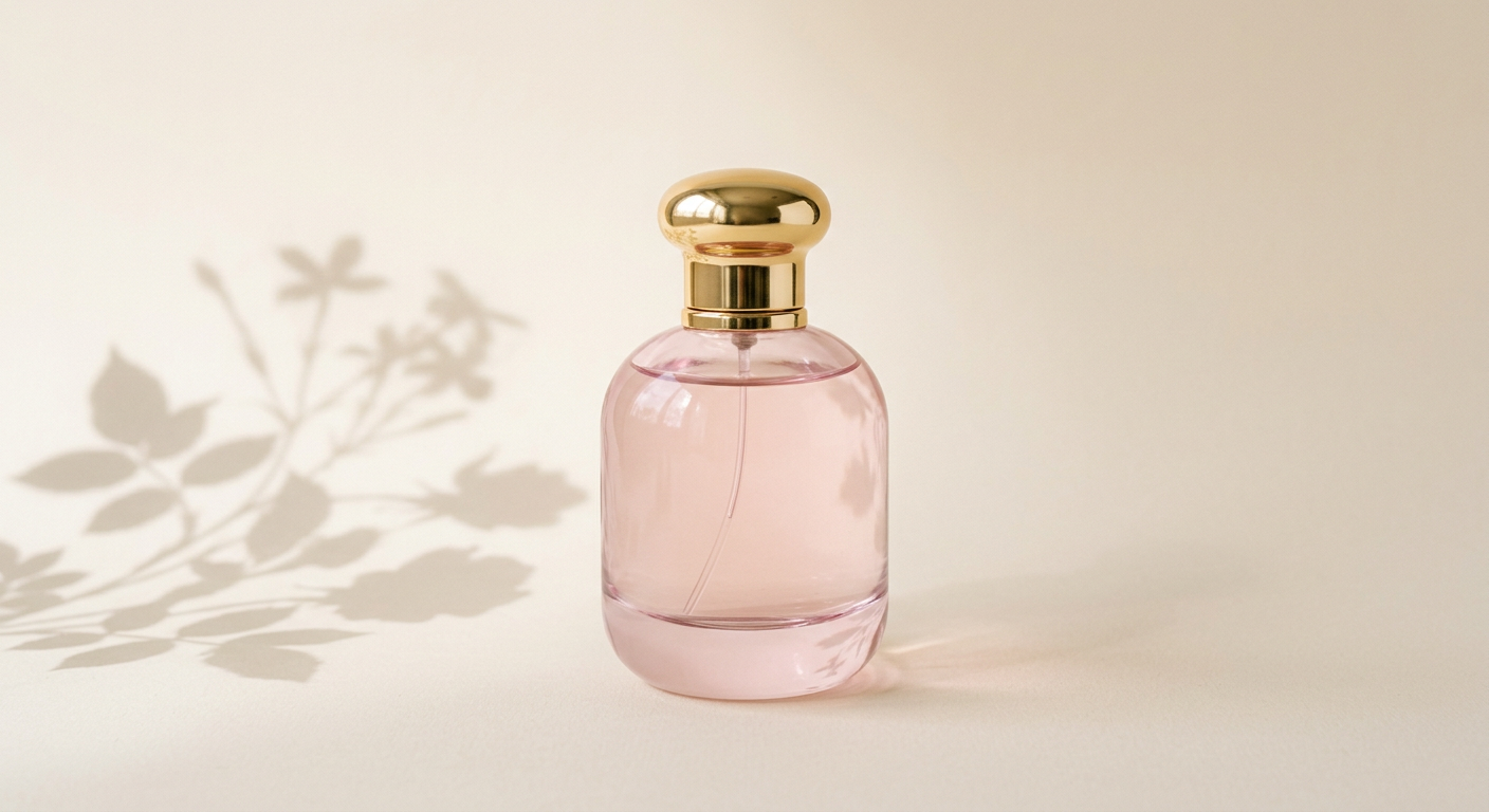 Frasco de perfume Floratta em vidro rosa claro com tampa dourada.